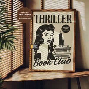 Thriller Book Club wall art, bookish wall poster, thriller book lover wall art, retro style mystery novel poster, suspense decor print image 7