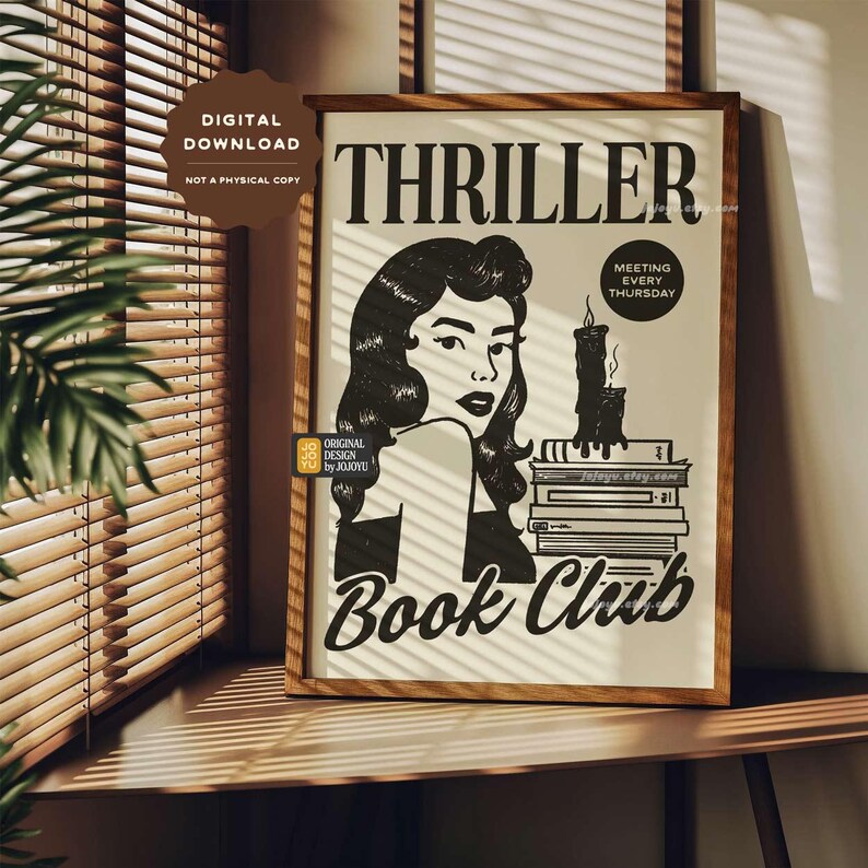 Thriller Book Club wall art, bookish wall poster, thriller book lover wall art, retro style mystery novel poster, suspense decor print image 7