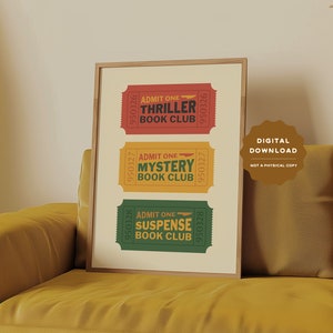 Thriller Mystery Suspense Book Club wall art, retro ticket bookish wall poster, book lovers printable art print for reading room bedroom image 2