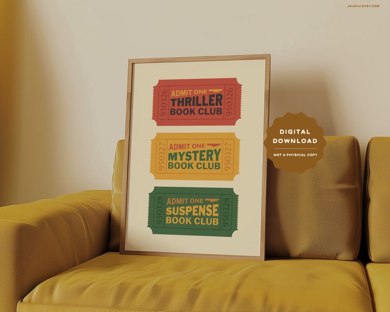 Thriller Mystery Suspense Book Club wall art, retro ticket bookish wall poster, book lovers printable art print for reading room bedroom image 2