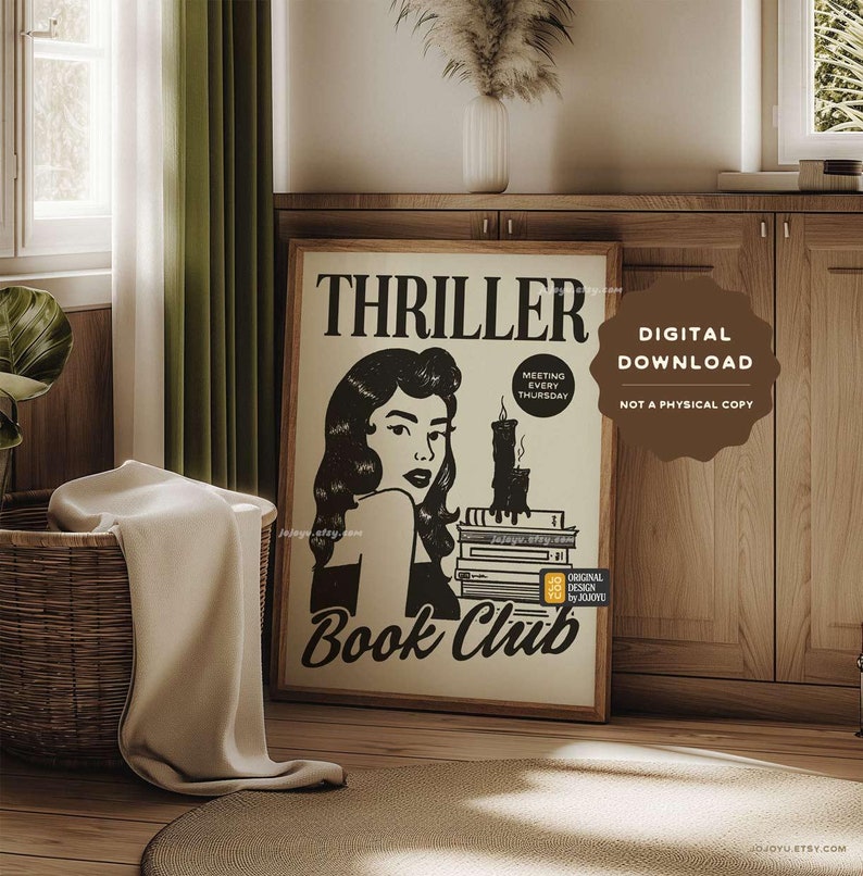 Thriller Book Club wall art, bookish wall poster, thriller book lover wall art, retro style mystery novel poster, suspense decor print image 1