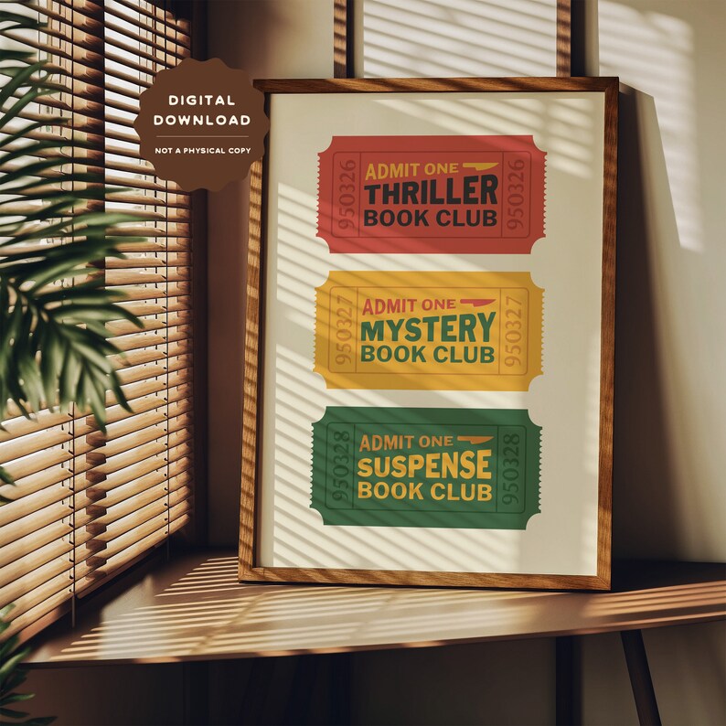 Thriller Mystery Suspense Book Club wall art, retro ticket bookish wall poster, book lovers printable art print for reading room bedroom image 5