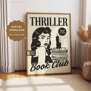 Thriller Book Club wall art, bookish wall poster, thriller book lover wall art, retro style mystery novel poster, suspense decor print image 2
