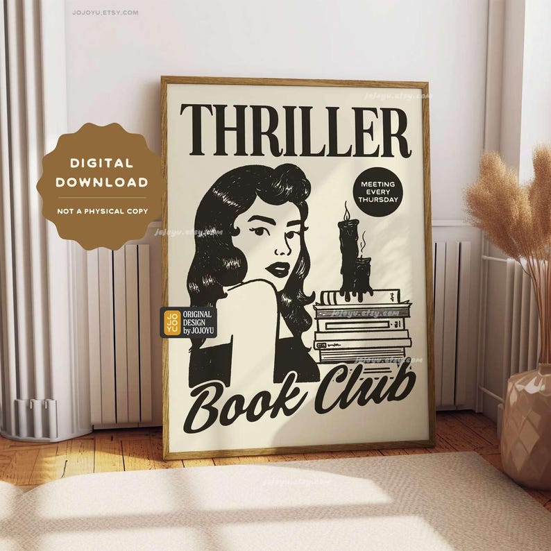 Thriller Book Club wall art, bookish wall poster, thriller book lover wall art, retro style mystery novel poster, suspense decor print image 2