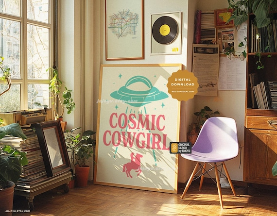 Cosmic Cowgirl UFO wall art print, retro style space digital download, space cowgirl vibe decor, cowgirl cowboy UFO alien galaxy