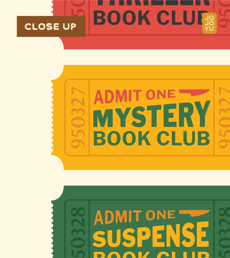 Thriller Mystery Suspense Book Club wall art, retro ticket bookish wall poster, book lovers printable art print for reading room bedroom image 6