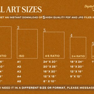 May include: A chart with five different sizes of wall art prints, labeled with their dimensions in inches. The chart is on a brown background with the text "WALL ART SIZES" at the top. The text "Digital Downloads "JOJOYU" is at the top right corner. The text "YOU WILL GET AN INSTANT DOWNLOAD OF 5 HIGH QUALITY PDF AND JPG FILES IN 5 RATIOS" is below the title.