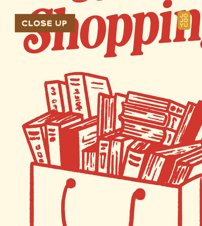 May include: A red illustration of a shopping bag overflowing with books. The text "Close Up" appears in the top left corner and "Shopping" in large red letters at the top of the image.