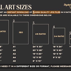 May include: A chart showing five different aspect ratios for digital wall art prints. The chart shows the dimensions in inches for each ratio, including 2:3, ISO, 4:5, 3:4, and 11" x 14". The text "YOU WILL GET AN INSTANT DOWNLOAD OF 5 HIGH QUALITY JPG FILES IN 5 RATIOS. THESE FILES ARE SCALABLE TO THESE DIMENSIONS BELOW" is at the top of the chart.