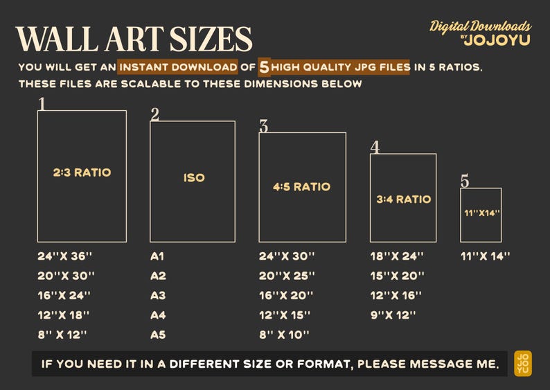 May include: A chart showing five different aspect ratios for digital wall art prints. The chart shows the dimensions in inches for each ratio, including 2:3, ISO, 4:5, 3:4, and 11" x 14". The text "YOU WILL GET AN INSTANT DOWNLOAD OF 5 HIGH QUALITY JPG FILES IN 5 RATIOS. THESE FILES ARE SCALABLE TO THESE DIMENSIONS BELOW" is at the top of the chart.