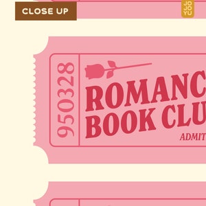 May include: Pink ticket with the text "950328" and "ROMANCE BOOK CLUB" in red. The ticket has a small rose graphic and the text "ADMIT" at the bottom.