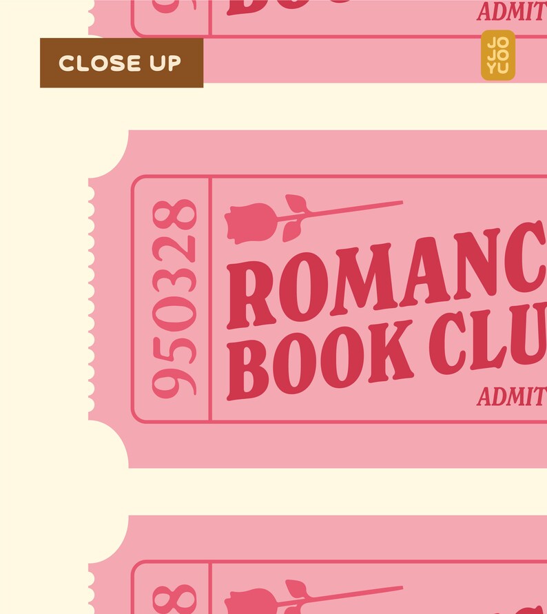 May include: Pink ticket with the text "950328" and "ROMANCE BOOK CLUB" in red. The ticket has a small rose graphic and the text "ADMIT" at the bottom.
