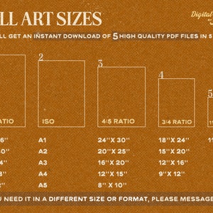 May include: A chart with five different sizes of printable wall art in five different ratios. The chart is on a brown background and includes the dimensions of each size in inches. The text "Digital Downloads "JOJOYU" is at the top of the chart. The text "YOU WILL GET AN INSTANT DOWNLOAD OF 5 HIGH QUALITY PDF FILES IN 5 RATIOS:" is below the title.