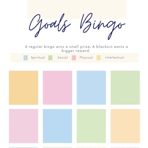 May include: A pastel-colored bingo card with the title "Goals Bingo". The card has 25 squares, each with a different color: light blue, light green, light pink, and light yellow. The text below the title reads "A regular bingo wins a small prize. A blackout earns a bigger reward."