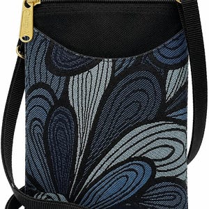 May include: A vertical crossbody bag featuring a black fabric top section and a lower section with a woven blue, light blue, and black abstract petal pattern. It includes a gold-tone zipper pull with the text Danny K, gold hardware, and a black strap.