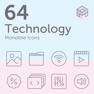 Puede incluir: Un conjunto de 8 iconos de línea en blanco y negro que representan conceptos tecnológicos. Los iconos incluyen una imagen, una carpeta, una señal wifi, un botón de reproducción, un signo de porcentaje, flechas, un ecualizador y un altavoz.