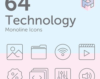 64 Technology Icons, Tech Clip Art, Digital Monoline Illustrations, Personal / Commercial Use Artwork, Vector, PDF, JPEG, PNG