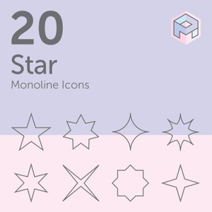 May include: A set of 20 star icons in a monoline style. The icons are in black and white and are arranged in a grid. The icons are simple and elegant and would be perfect for use in a variety of design projects.
