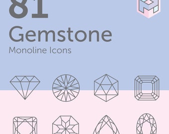 May include: A set of 8 line art gemstone icons. The icons are in black and white and are arranged in a grid. The icons are all different shapes and sizes, and they are all outlined in black.