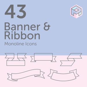 43 iconos de banner y cinta, clip art de alférez, ilustraciones digitales monolínea, ilustraciones de uso personal / comercial, vector, PDF, JPEG, PNG