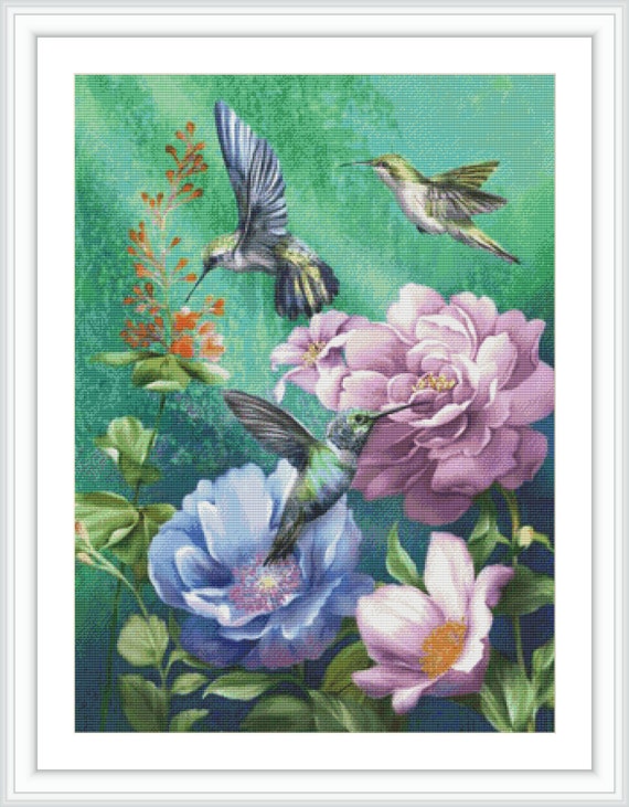Iris and Hummingbird I Chart Counted Cross Stitch Patterns Needlework DIY DMC