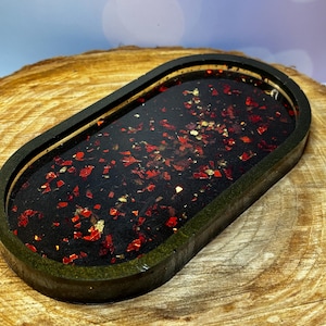 Black with Gold and Red Flakes Resin Tray | Nightstand Tray | Jewelry Dish