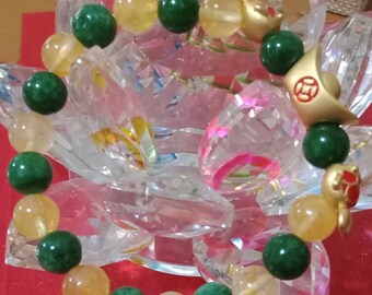 Citrine & Imperial Jade Bracelet: 24K Gold Double Fish, Feng Shui Jewelry