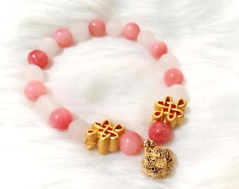 Rose Quartz & Pink Jade Bracelet: 24K Gold Mystic Knot Feng Shui