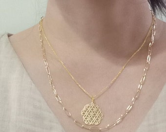 Handmade 14K Gold Plated Layered Necklace Set: Flower of Life Pendant
