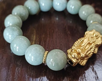12mm Jade with 24k gold-sand Piyao, Feng shui bracelet