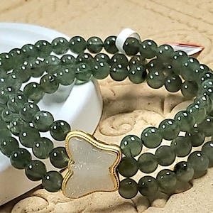 NEW! Natural Green Rutilated Quartz 3 Laps Bracelet with Butterfly charm, Rebirth New Opportunities Feng Shui Bracelet Graduation Gift