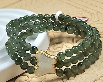Green Rutilated Quartz Bracelet: Handmade 3-Lap Beaded Bracelet with Butterfly Charm
