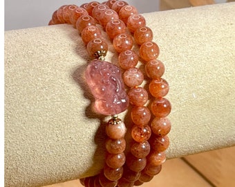 Strawberry Quartz Bracelet with Pixiu Charm: Wealth Luck, Heart Chakra
