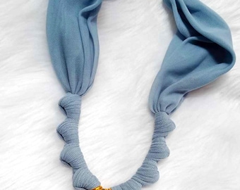 Raw Lapis Lazuli Pendant: Goldplated Wire, Dusty Blue Fabric Necklace
