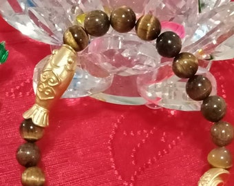 Tiger Eye Bracelet: Gold Koi Fish & Ingot Charm, Feng Shui Jewelry
