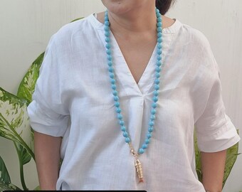 12mm TURQUIOSE HOWLITE natural bead LONG Necklace, Hand-knotted,32 inches.