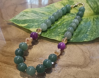 Aventurine , Citrine and Purple Jade Natural Bead Necklace  16 inches