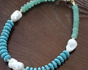 Aventurine and Turquiose Choker Necklace with Freshwater Natural White Baroque Pearls