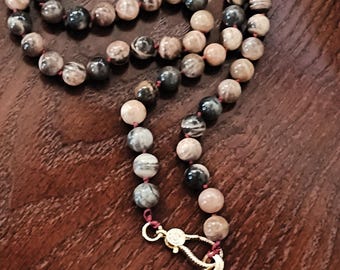 10mm BLACK Gold Sunstone natural stone beads, Hand knotted multi-way Long Necklace with 18k goldplated Fish pendant