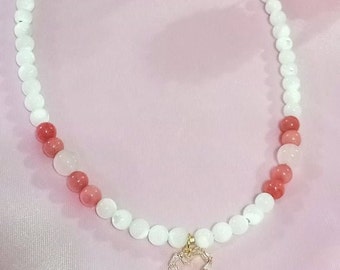 Handmade Rose Quartz & Mother of Pearl Necklace with Heart Pendant