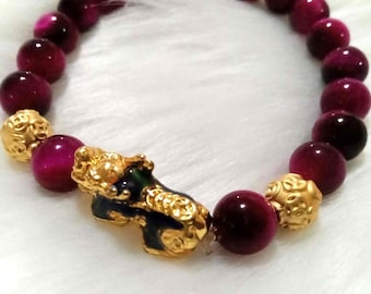 Pixiu Fuchsia Tiger Eye Bracelet: Feng Shui Good Fortune Jewelry