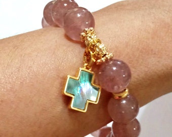 Strawberry Quartz Charm Bracelet: Mother of Pearl Cross, 14k Gold Plated
