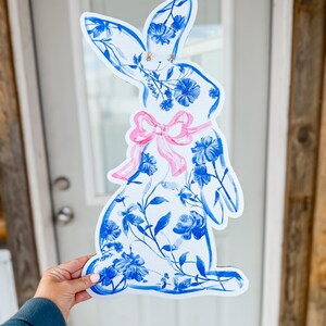 Antique Blue Floral Easter Bunny Printed Door Hanger