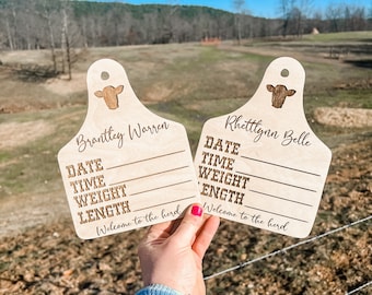 Personalized Cow Tag Birth Stat Sign