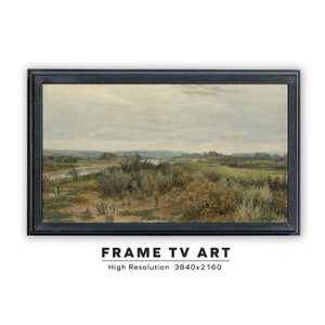 May include: A framed painting of a landscape with a river winding through a field of trees. The sky is cloudy and the colors are muted. The painting is in a black frame.