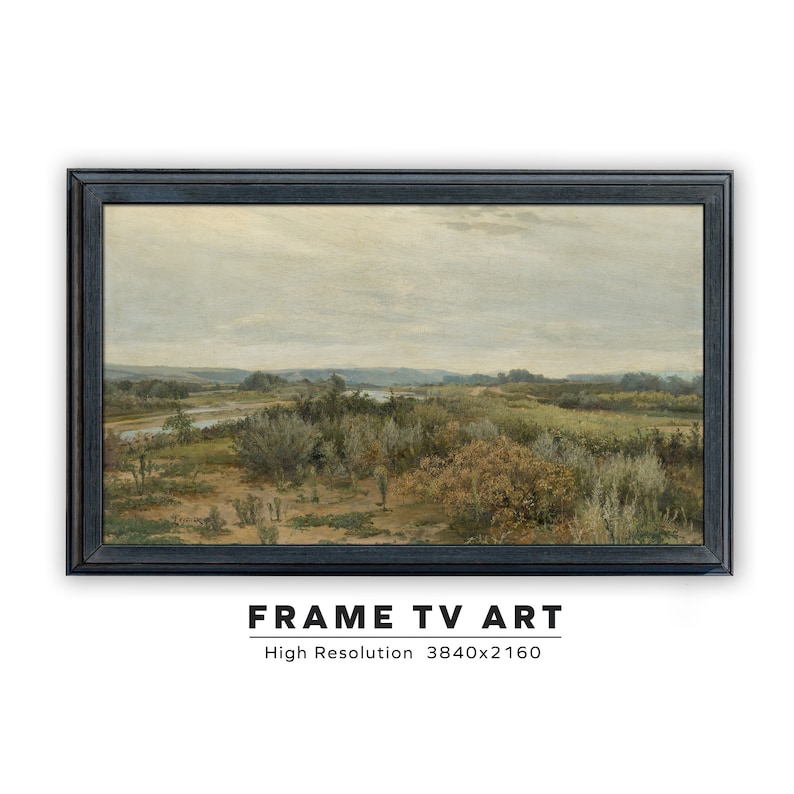 May include: A framed painting of a landscape with a river winding through a field of trees. The sky is cloudy and the colors are muted. The painting is in a black frame.