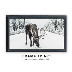 Samsung Frame TV Art. Winter Moose. Snow Covered Road. Instant Digital Download. Frame TV Size 3840 x 2160. Winter Art Print.