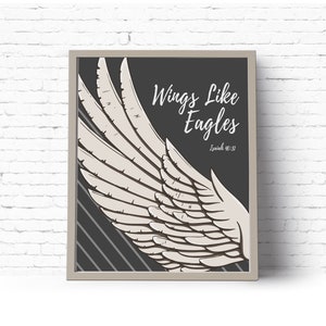 Könnte beinhalten: Eine Schwarzweißillustration eines Adlerflügels mit dem Text "Wings Like Eagles" und dem Bibelvers "Isaiah 40:31".