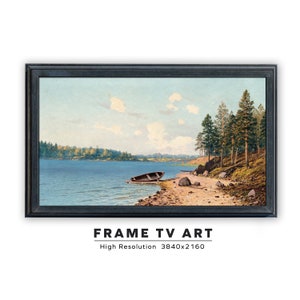 May include: A painting of a lake scene with a small wooden boat on the shore. The lake is surrounded by trees and there are rocks on the shore. The sky is blue with white clouds.