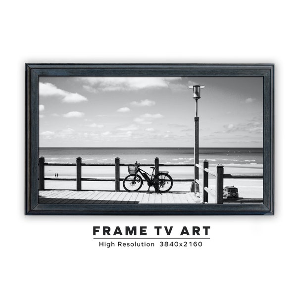 Samsung Frame TV Art. Bike On Dock. Black and White Ocean Photography. Instant Digital Download. Frame TV Size 3840 x 2160. Frame TV Art.